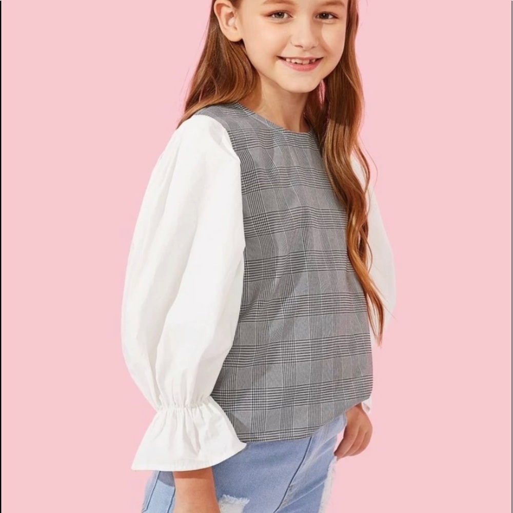 Age 14**GORGEOUS plaid with puffy sleeves blouse - Picture 4 of 4